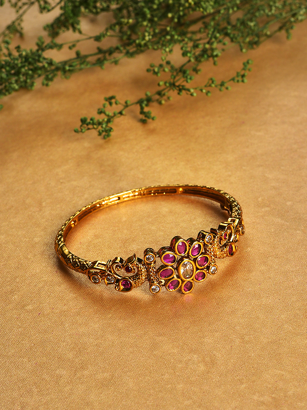 Gold-Plated White Cubic Zirconia Handcrafted,Pink Stone studded Openable Kada Bracelet - Jazzandsizzle