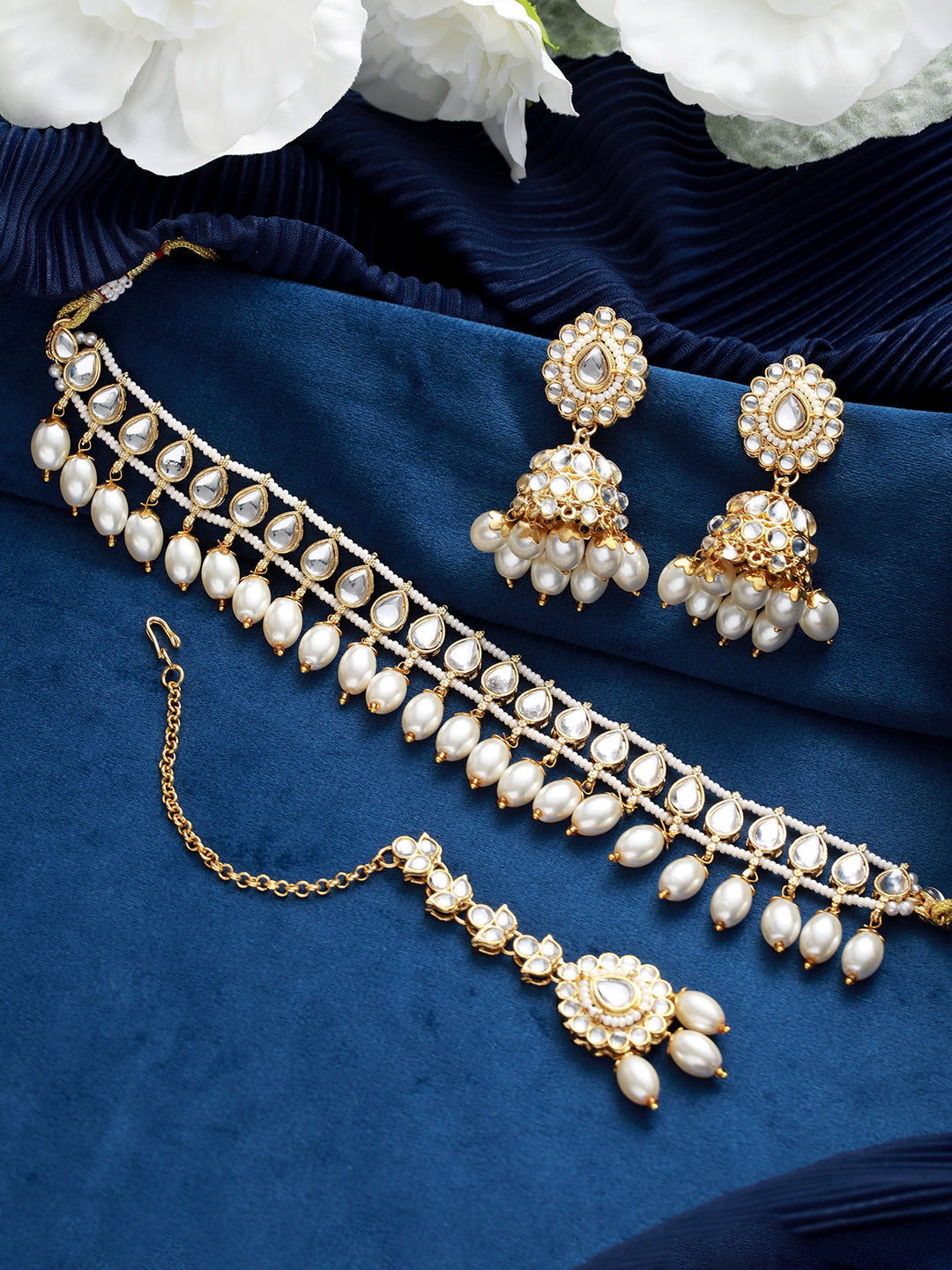 Gold-Plated White Kundan Studded & Beaded Choker Jewellery Set with Maangtikka - Jazzandsizzle