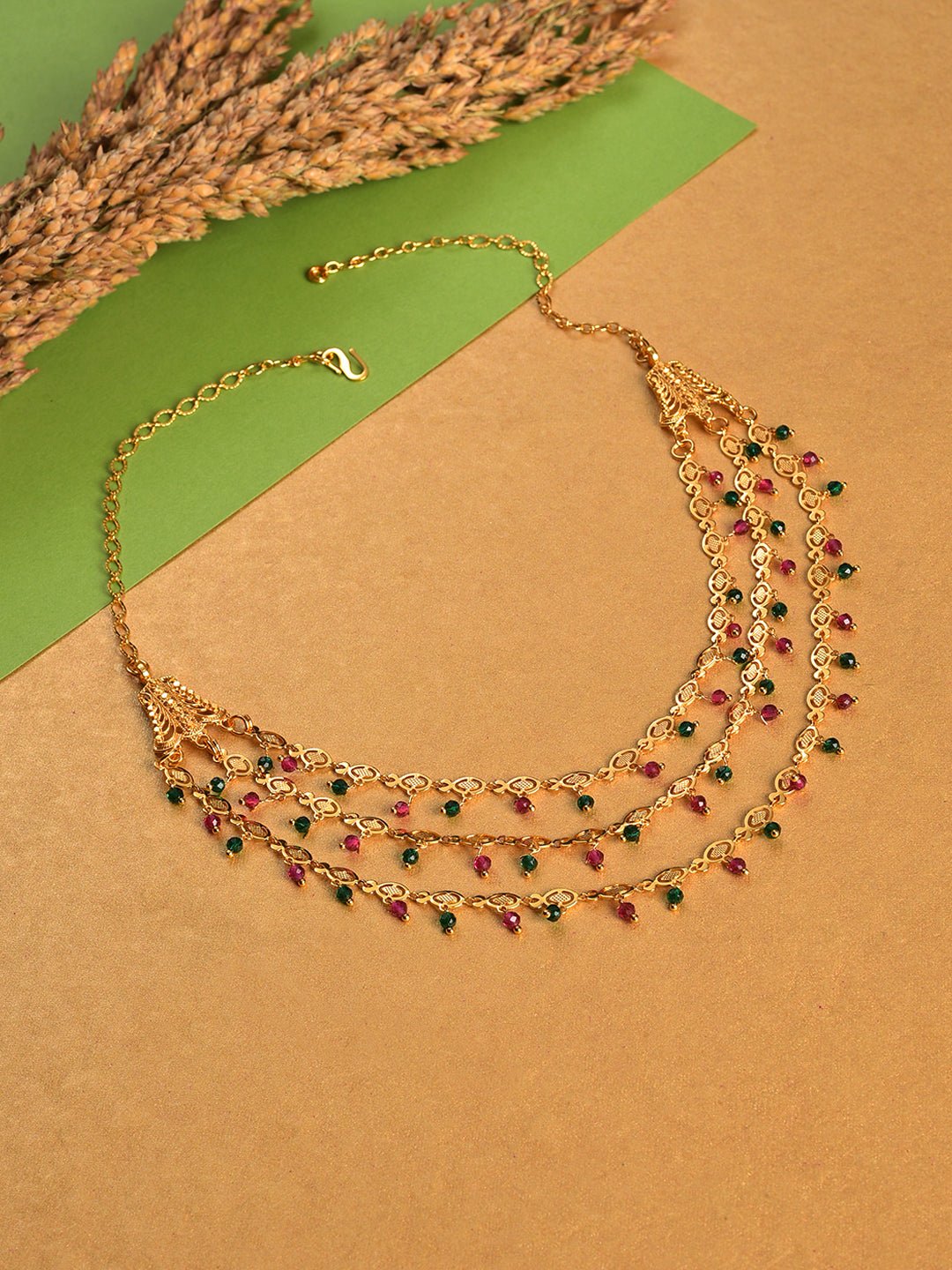 Women High Micron Gold-Plated Red & Green colored Layered Necklace - Jazzandsizzle