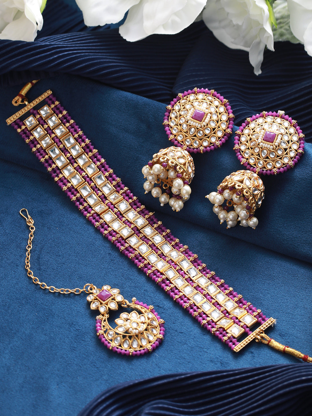 Gold-Plated Wine Kundan Studded & Pearl Beaded Choker Jewellery Set with Maangtikka - Jazzandsizzle