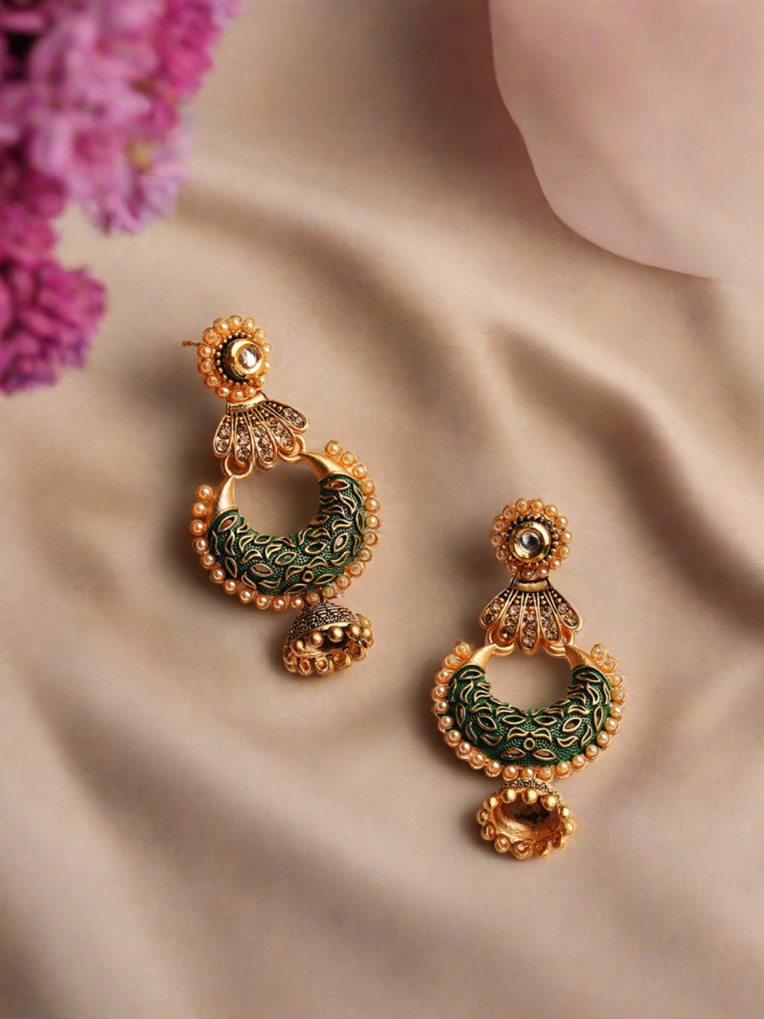 Green & Gold-Toned Dome Shaped Jhumka Earrings - Jazzandsizzle