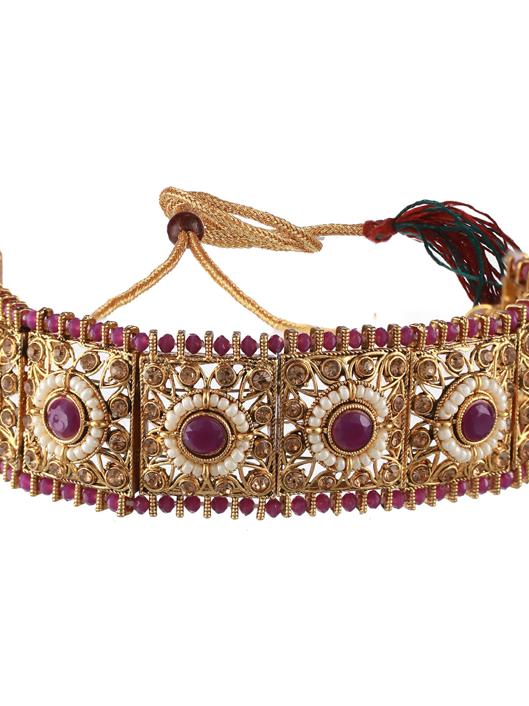 Gold-Plated Purple & White Kundan Studded & Beaded Choker Jewellery Set with Maangtikka - Jazzandsizzle