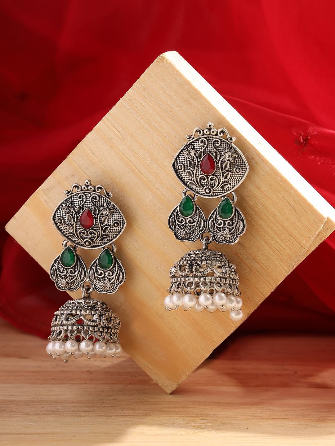 Silver-Toned Ruby & Green Oxidised Classic Drop Jhumka Earrings - Jazzandsizzle