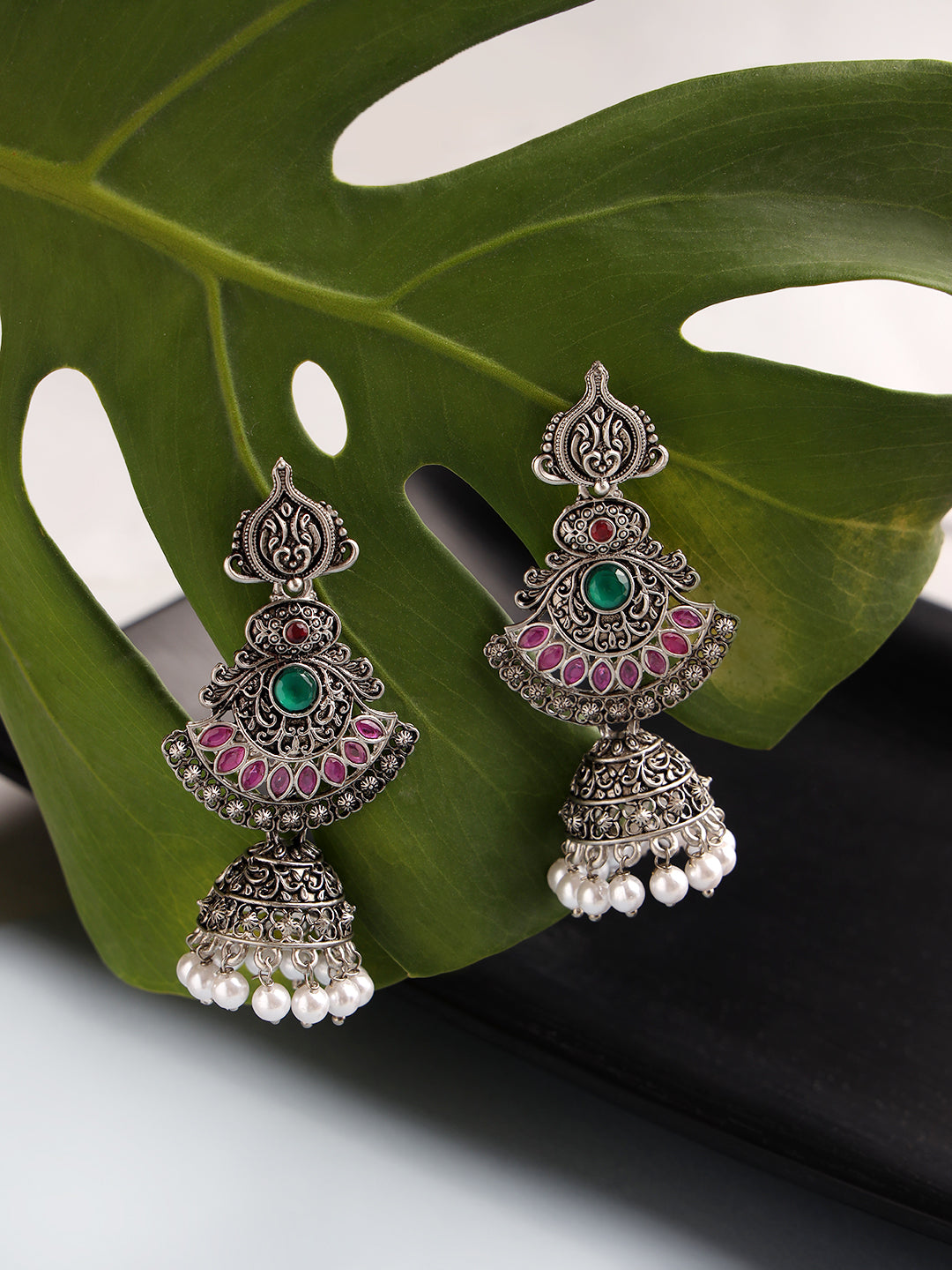 pink-oxidized-silver-plated-dome-shaped-jhumkas
