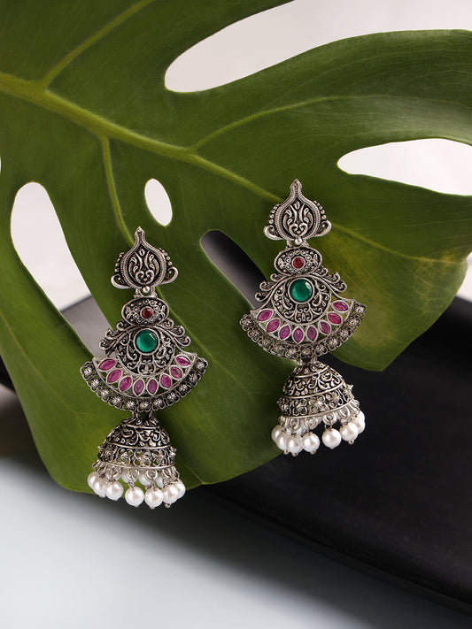 Pink Oxidized Silver-Plated Dome Shaped Jhumkas - Jazzandsizzle