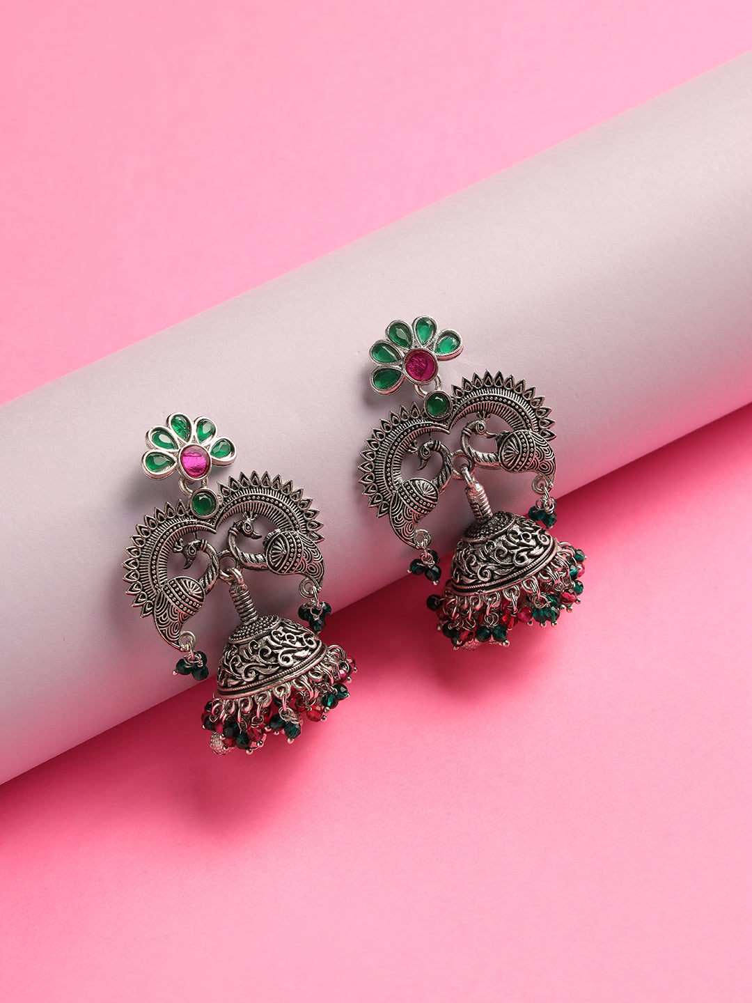 Pink & Green Stone Studded & Silver-Plated Peacock Shaped Beaded Jhumkas - Jazzandsizzle