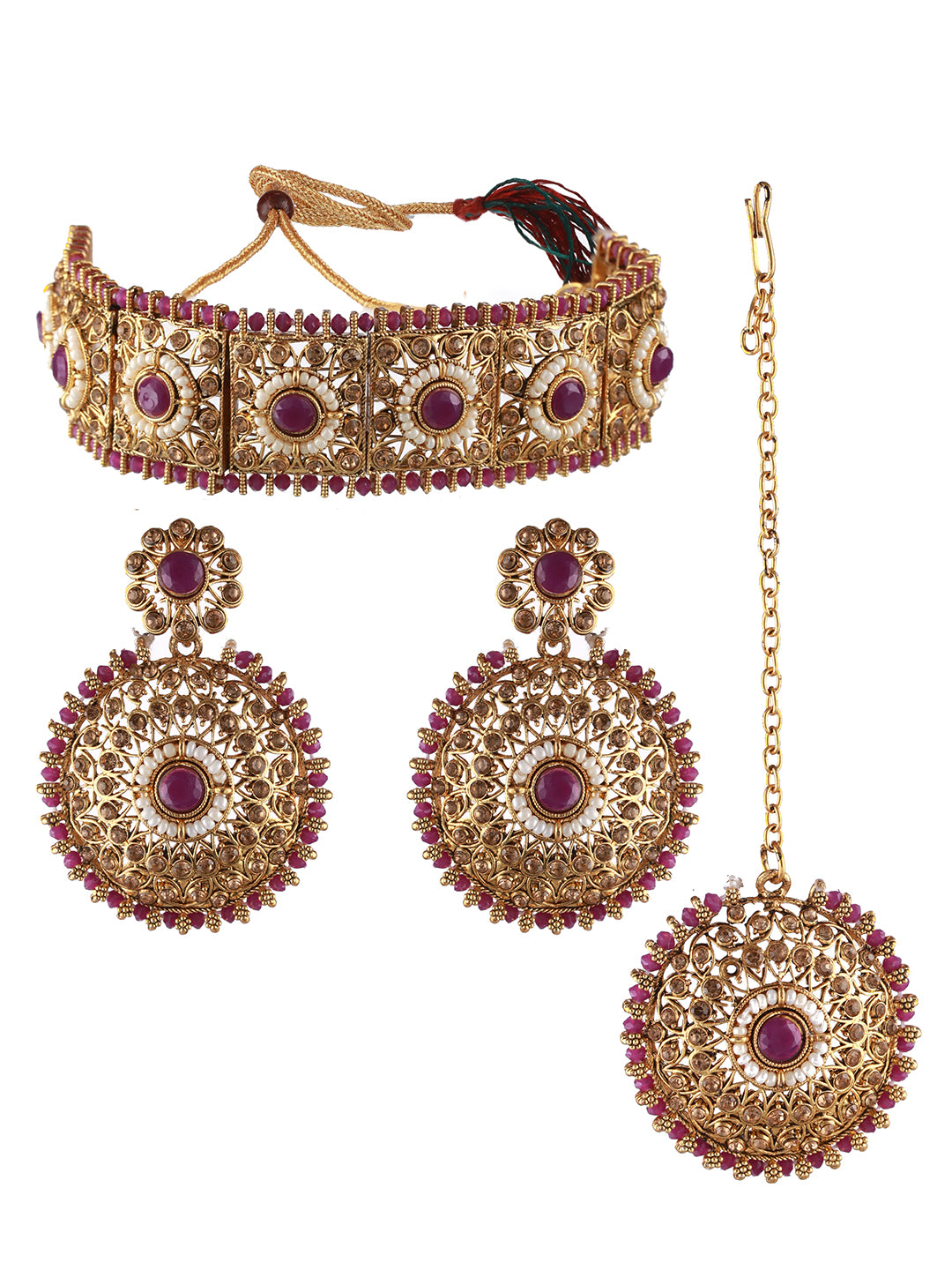 Gold-Plated Purple & White Kundan Studded & Beaded Choker Jewellery Set with Maangtikka