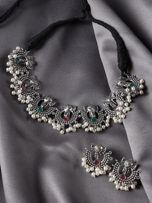 Oxidised Silver-Plated & Green Stone-Studded & Beaded Traditional Jewellery Set - Jazzandsizzle