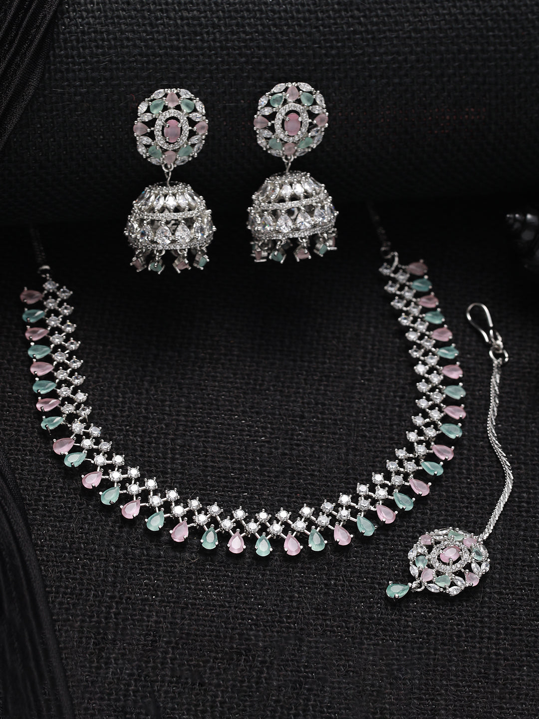 Silver Plated Pink & Mint Green American Diamond Studded Handcrafted Necklace Set With Maangtikka - Jazzandsizzle