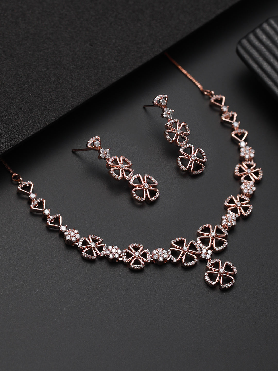 Rosegold-Plated Rose Gold CZ Studded Floral Jewellery Set - Jazzandsizzle