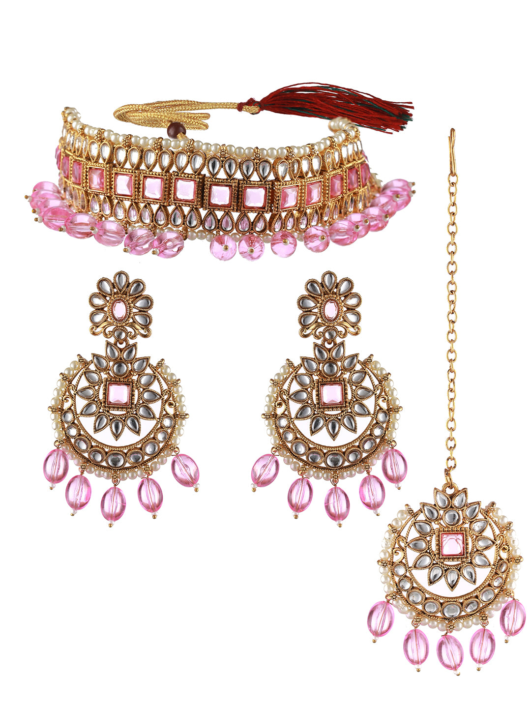 Gold-Plated Pink & White Kundan Studded & Pearl Beaded Choker Jewellery Set with Maangtikka - Jazzandsizzle