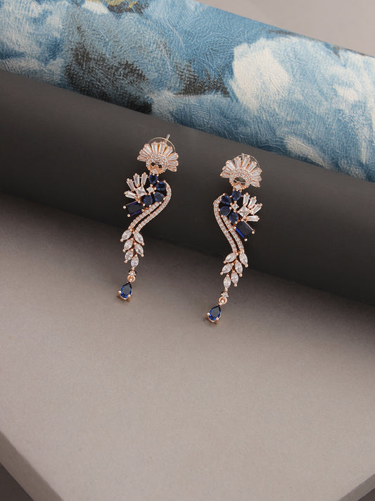 Rose Gold & Blue American Diamond Studded Floral Drop Earrings - Jazzandsizzle