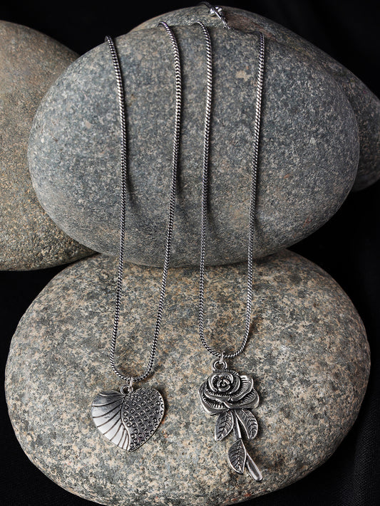 Set of 2 Heart & Rose shaped Oxidised Silver-Toned Textured Necklace - Jazzandsizzle