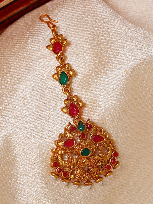 Gold Plated Red & Green stone Studded Peacock Maangtikka - Jazzandsizzle