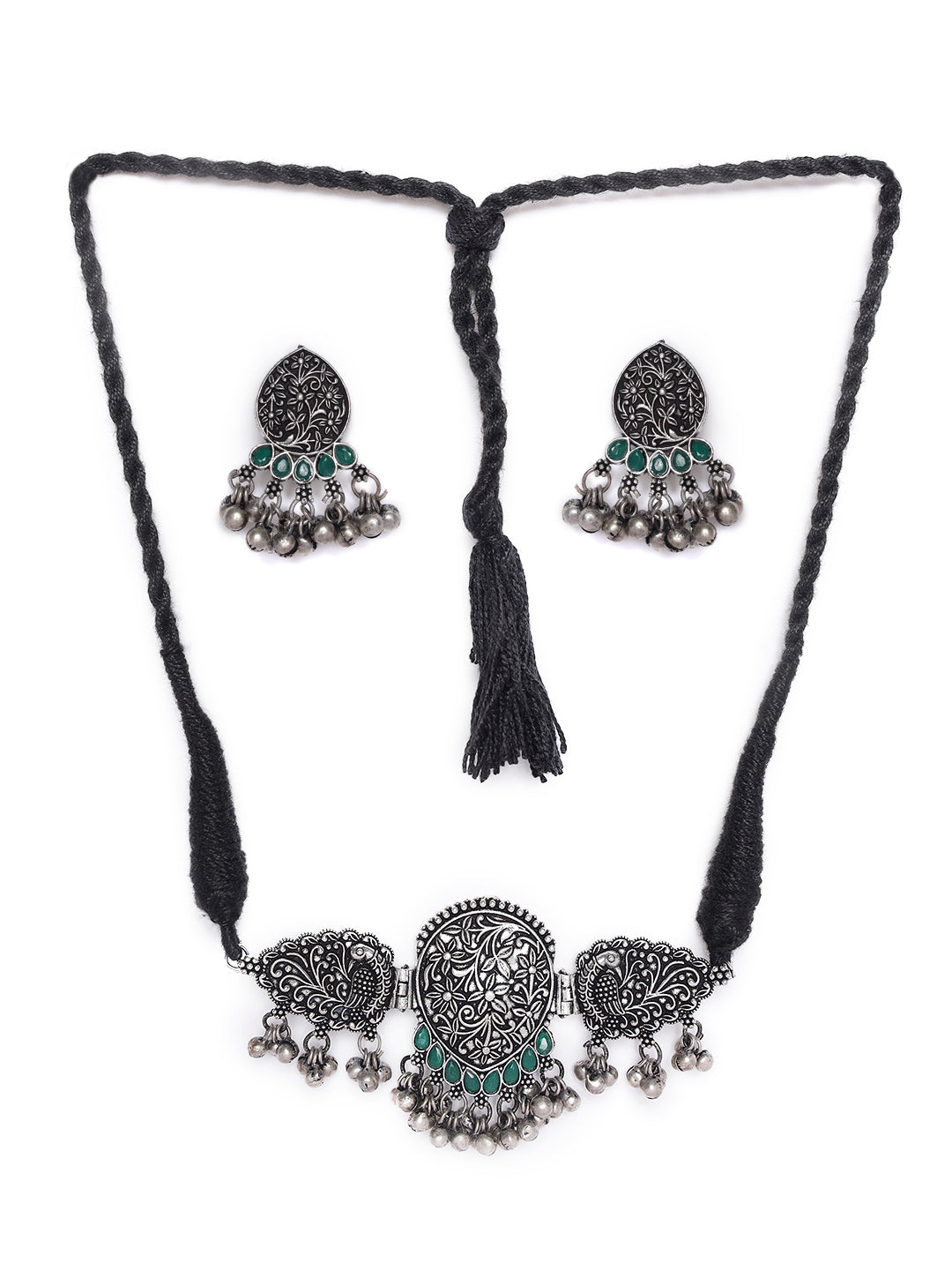 Oxidized Silver-Plated Green Stone-Studded & Beaded Handcrafted Peacock Shaped Jewelry Set - Jazzandsizzle