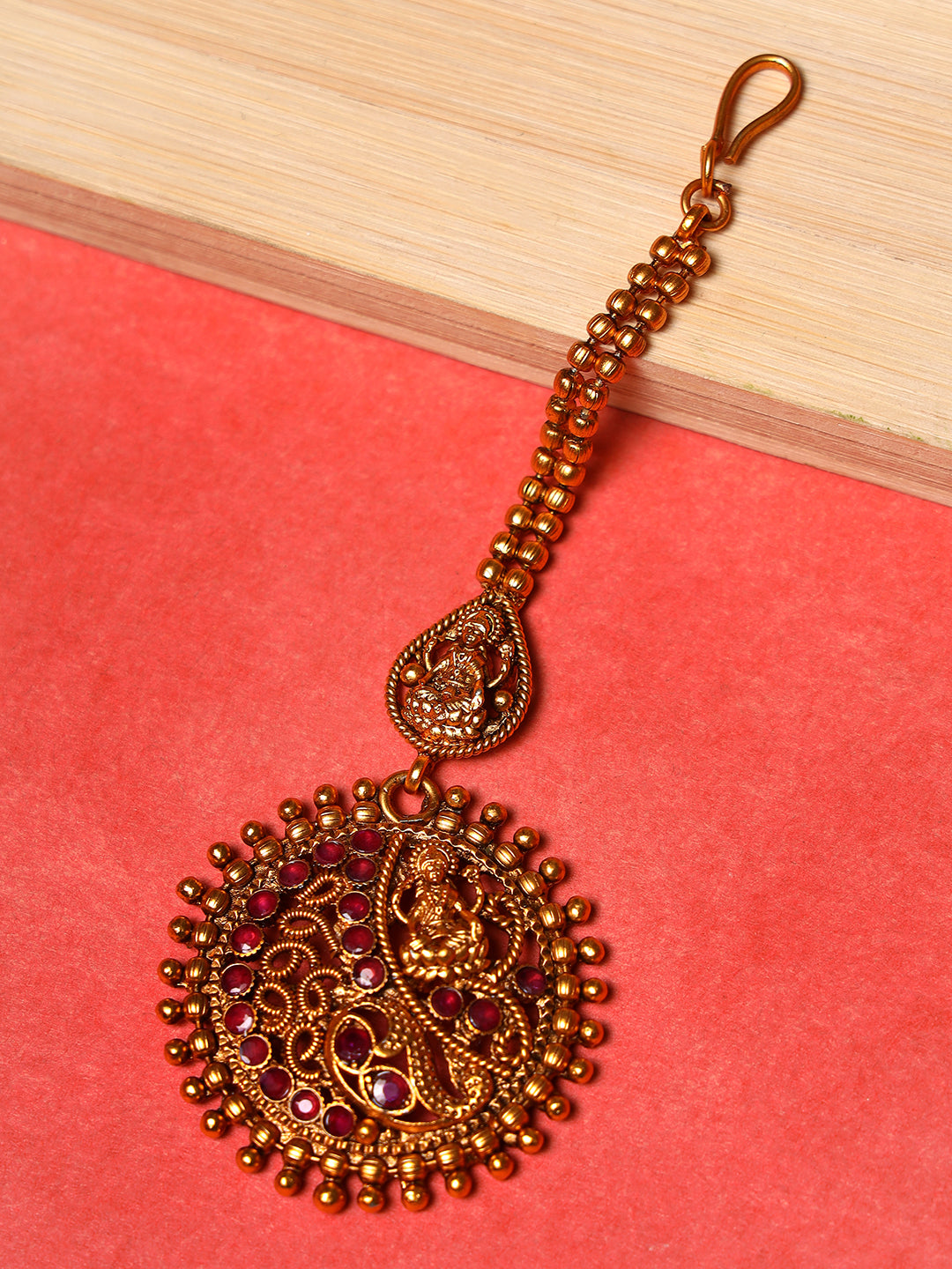 Gold-Plated Maroon Studded & Beaded Handcrafted Maangtikka - Jazzandsizzle