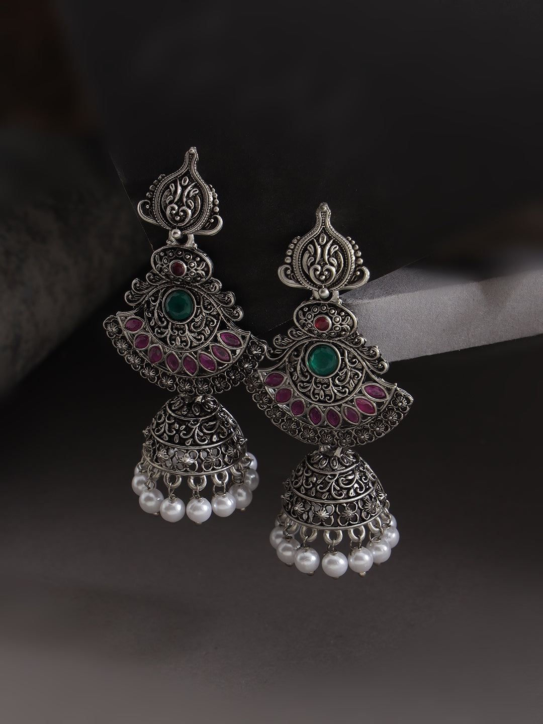 Pink Oxidized Silver-Plated Dome Shaped Jhumkas - Jazzandsizzle