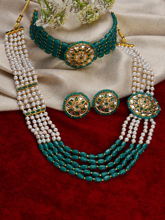 Gold-Plated Green & White Combo Jewellery Set - Jazzandsizzle