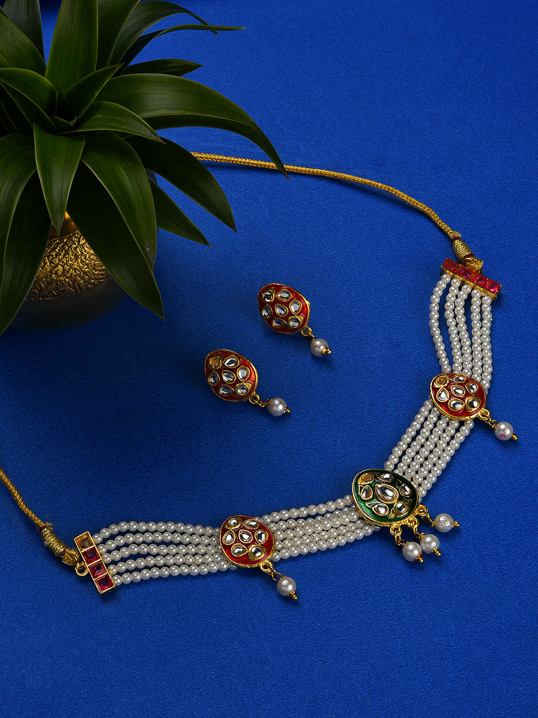 Gold-Plated White Kundan-Studded & Beaded Jewellery Set - Jazzandsizzle