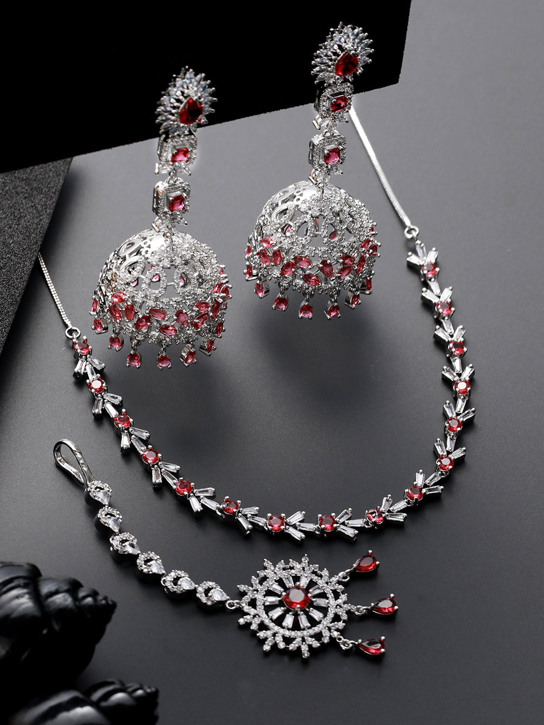 Silver Plated Ruby American Diamond Studded Handcrafted Necklace Set With Maangtikka - Jazzandsizzle