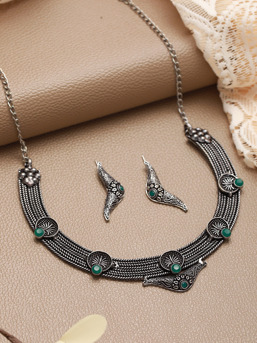 Oxidised Silver-Tone Green Stone Studded Filgree Jewellery Set - Jazzandsizzle