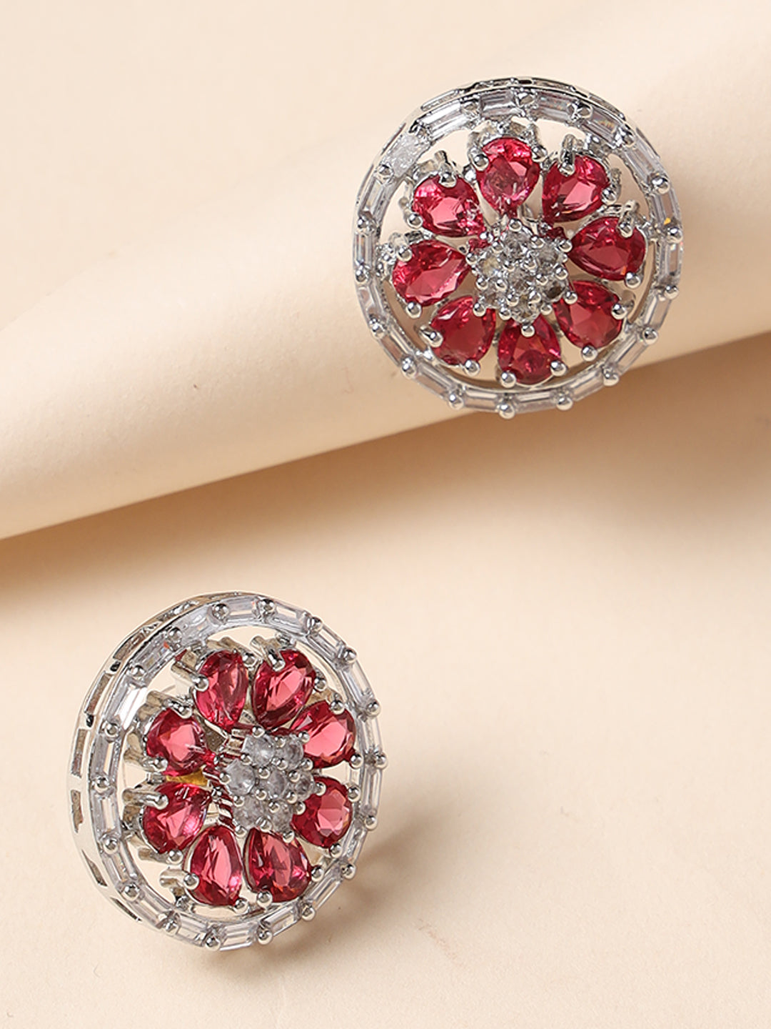 Silver Plated Red Floral Stud Earrings