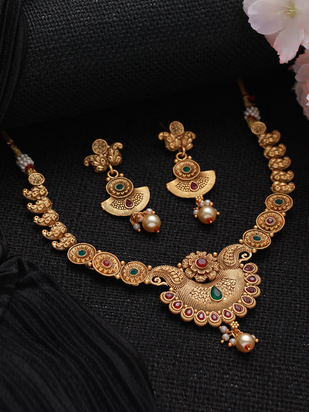 Gold-Plated Red & Green Stone Studded & Pearl Drop Handcrafted Jewellery Set - Jazzandsizzle