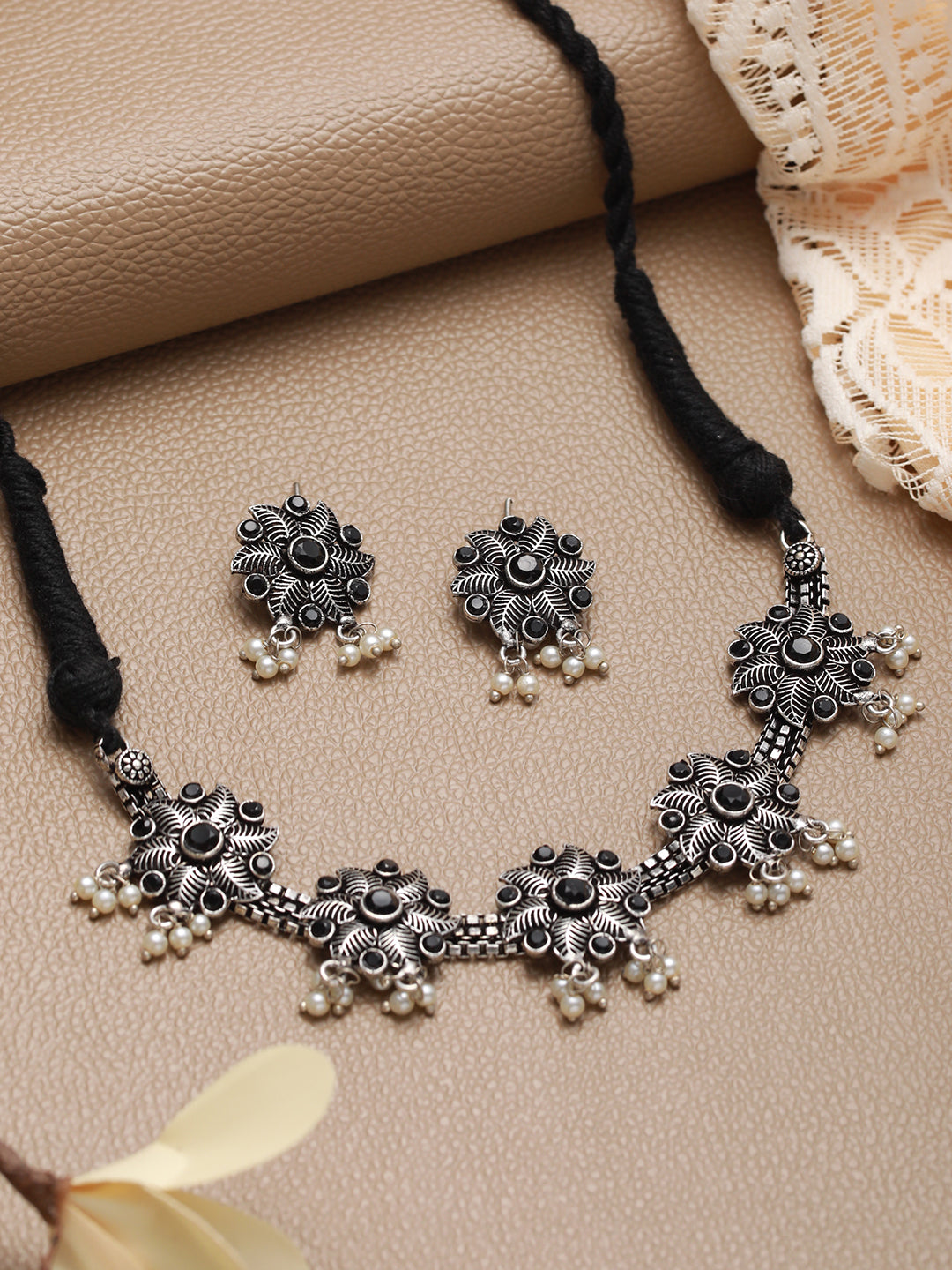 Oxidised Silver-Tone Black Stone Studded & Pearl Beaded Floral Jewellery Set - Jazzandsizzle