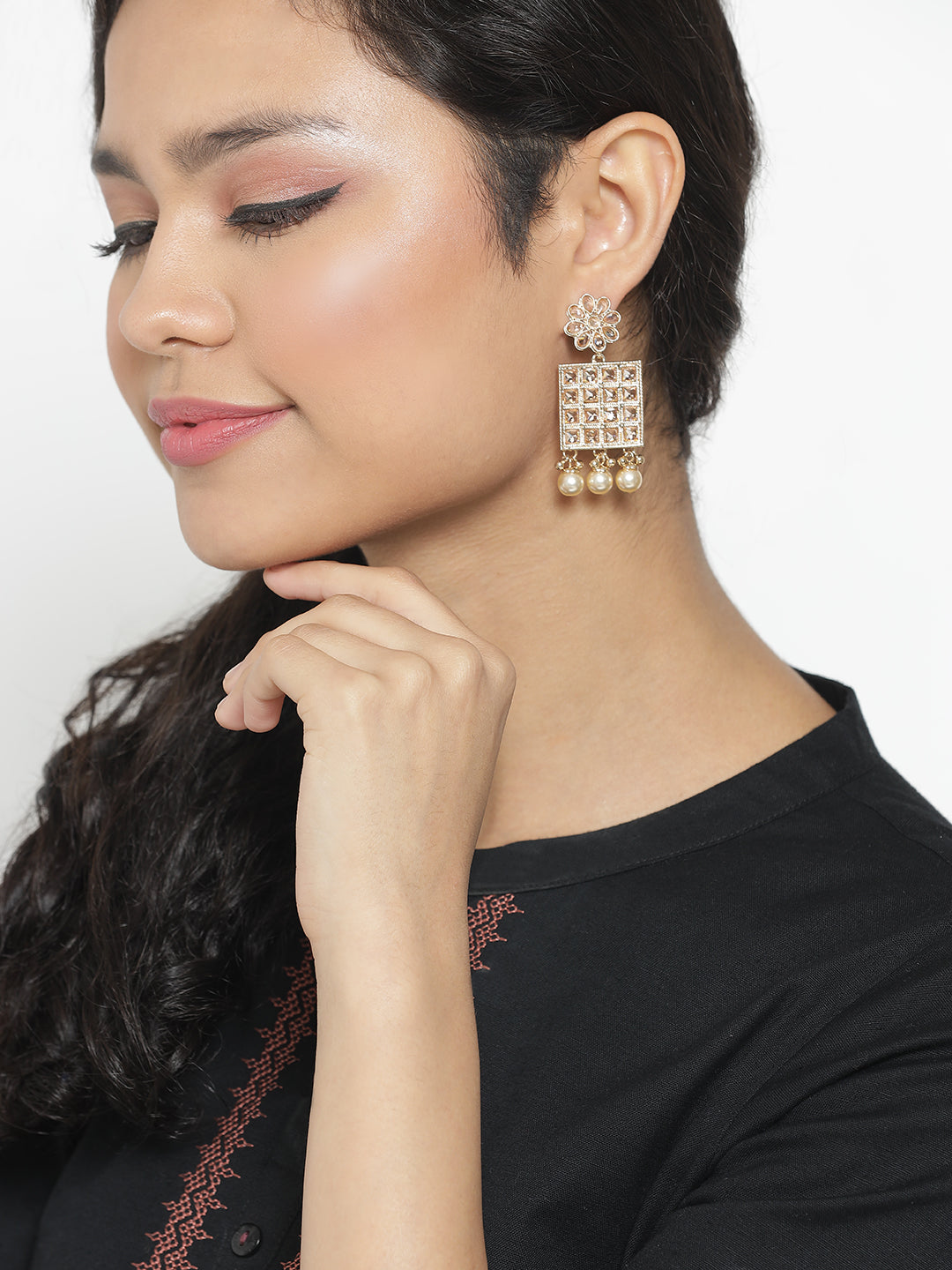 Gold-Plated Kundan Studded Floral Pattern& Square Drop Earrings - Jazzandsizzle