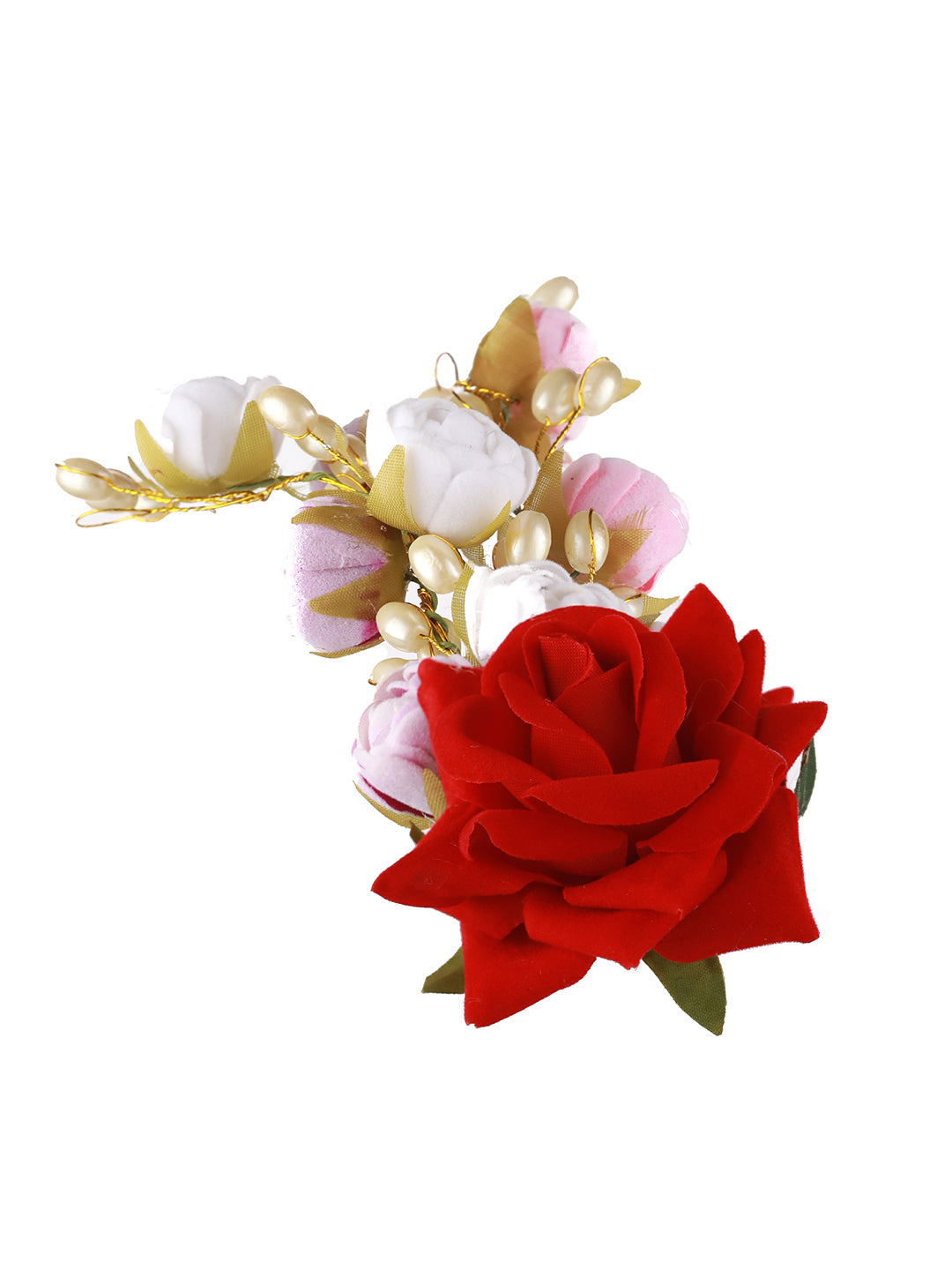 Women Red Rose wth White & Mauve Embellished Artificial Flower & Pearl Beaded Gajra Designed Hair Pin - Jazzandsizzle