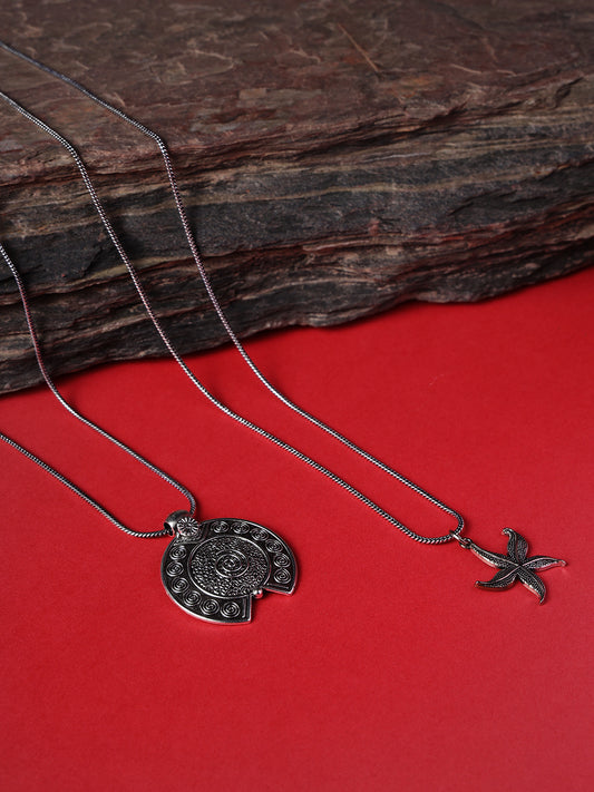 Set of 2 Star & Geometrical shape Oxidised Silver-Toned Textured Necklace - Jazzandsizzle