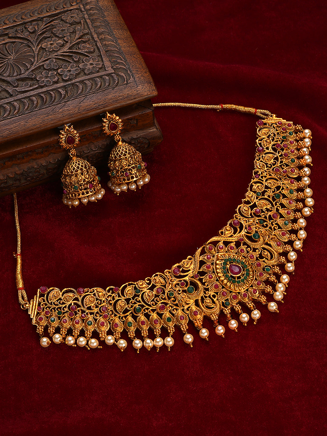 Gold-Toned Pink & Green Stone-Studded, Beaded Handcrafted Jewellery Set - Jazzandsizzle