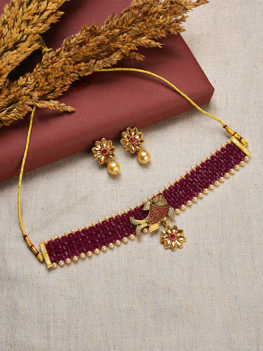 Gold-Toned & Mahroon Fish Studded & Beaded Jewellery Set - Jazzandsizzle