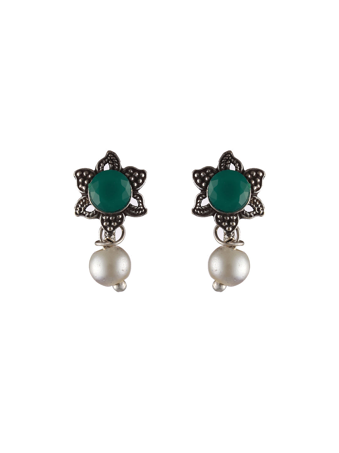 Oxidised Silver-Tone Green Stone Studded & Pearl Beaded Jewellery Set - Jazzandsizzle