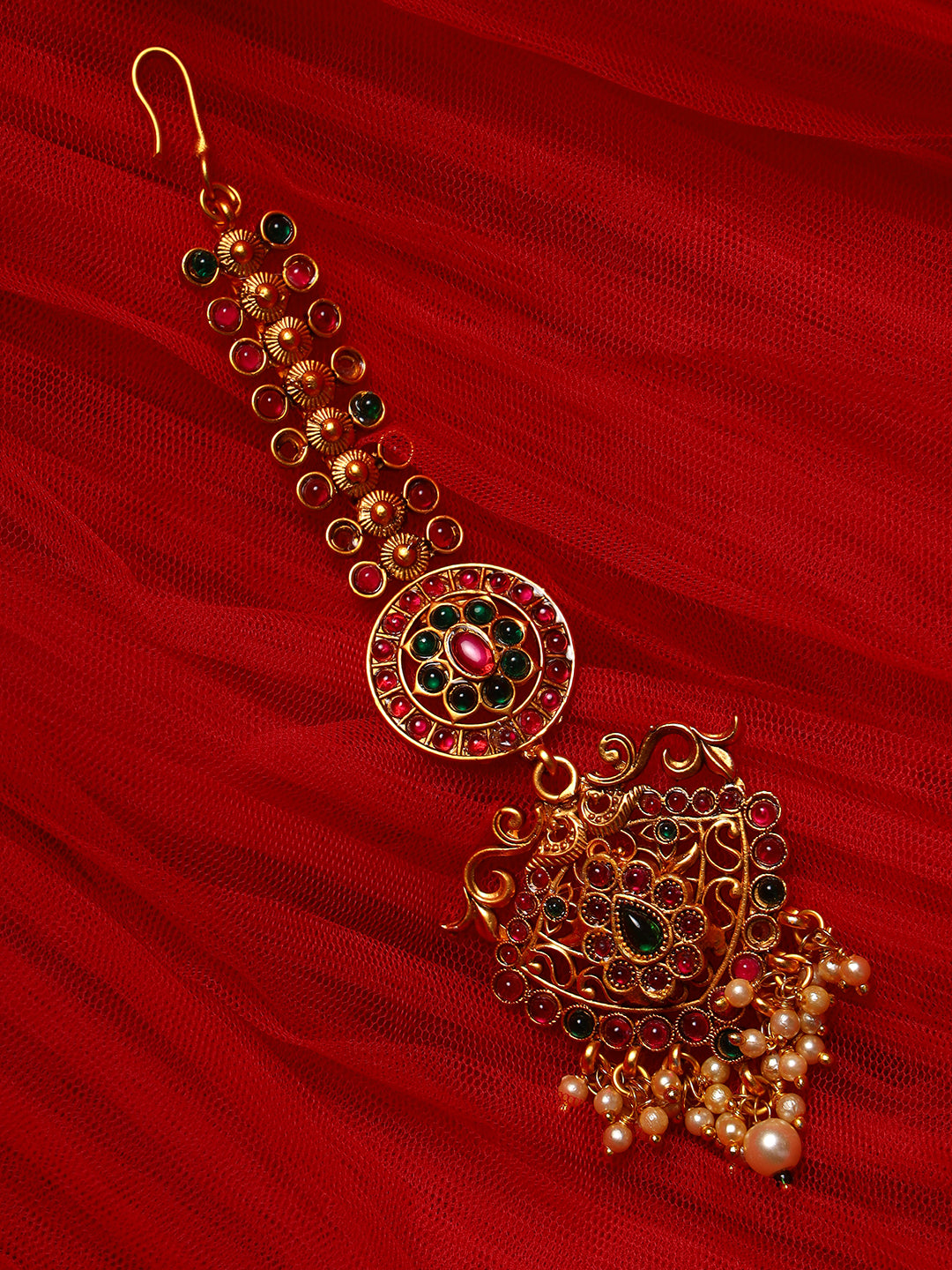 Gold-Plated & Ruby & Emerald Kemp Stones Pearls MaangTikka - Jazzandsizzle