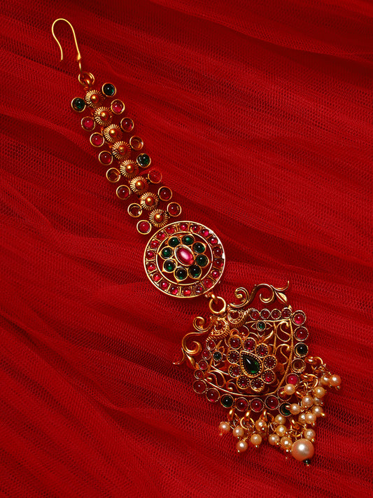 Gold-Plated & Ruby & Emerald Kemp Stones Pearls MaangTikka - Jazzandsizzle