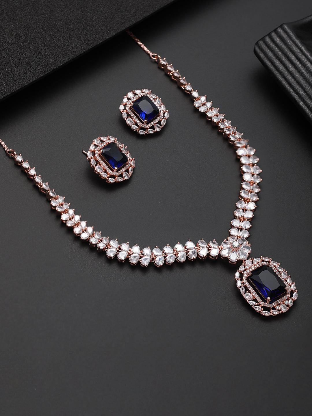 Rose-Gold Plated Blue American Diamond Studded Handcrafted Jewellery Set - Jazzandsizzle