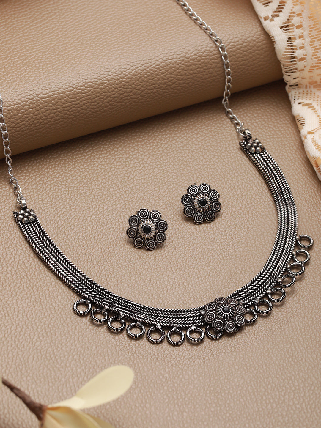 Oxidised Silver-Tone Black Stone Studded Floral Jewellery Set - Jazzandsizzle