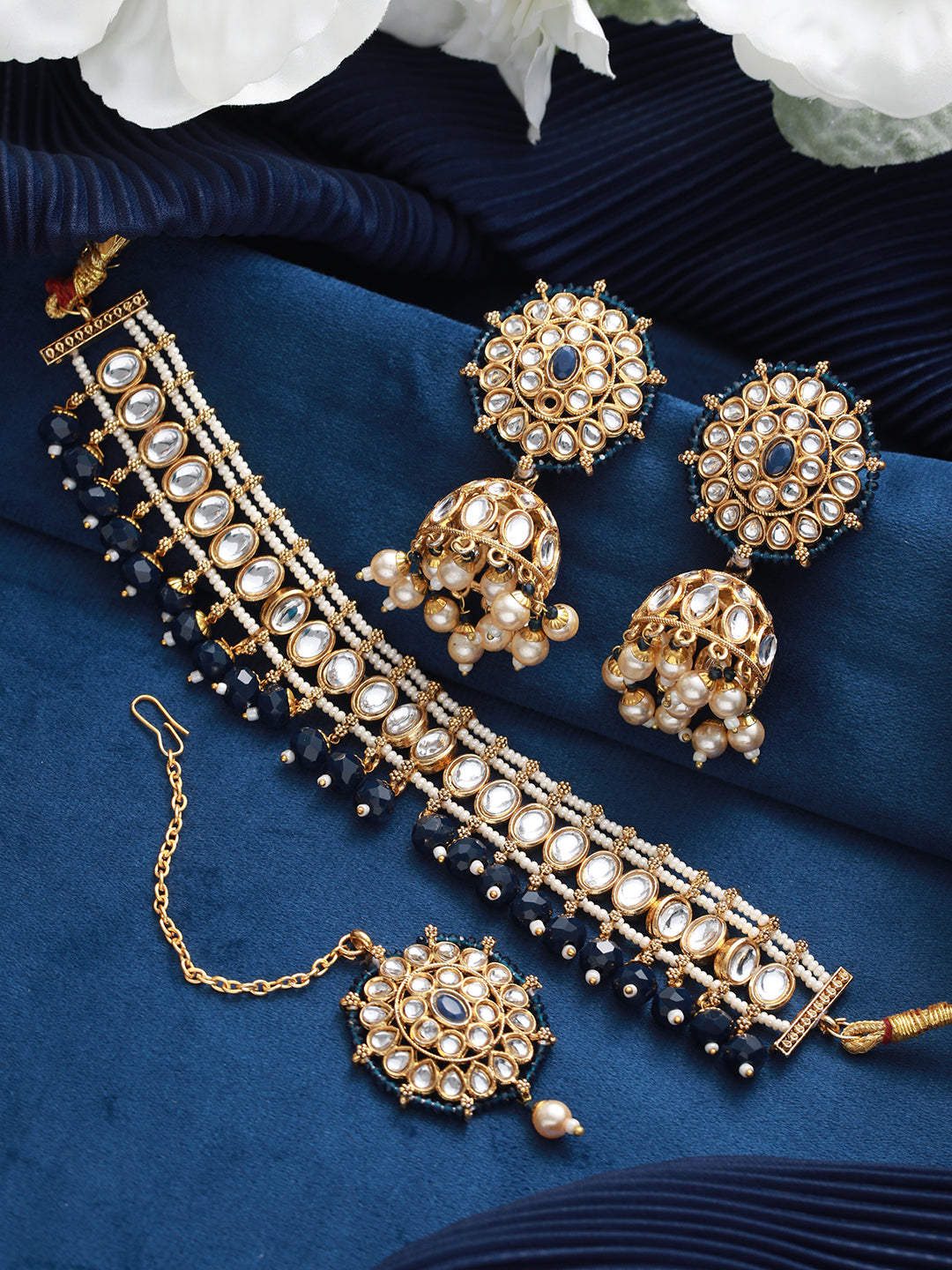Gold-Plated Blue& White Kundan Studded & Beaded Choker Jewellery Set with Maangtikka - Jazzandsizzle