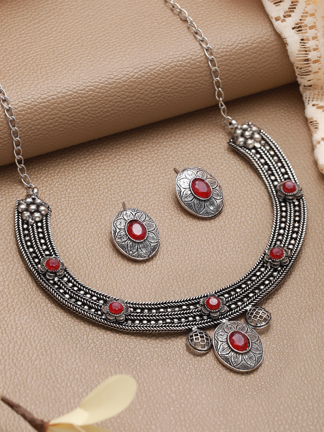 Oxidised Silver-Tone Red Stone Studded Jewellery Set - Jazzandsizzle