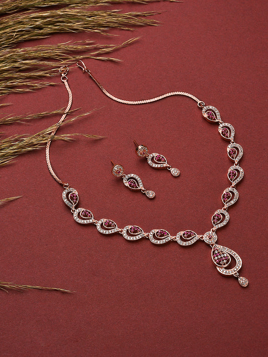 Rose Gold-Plated Ruby AD-Studded Handcrafted Floral Jewellery Set - Jazzandsizzle