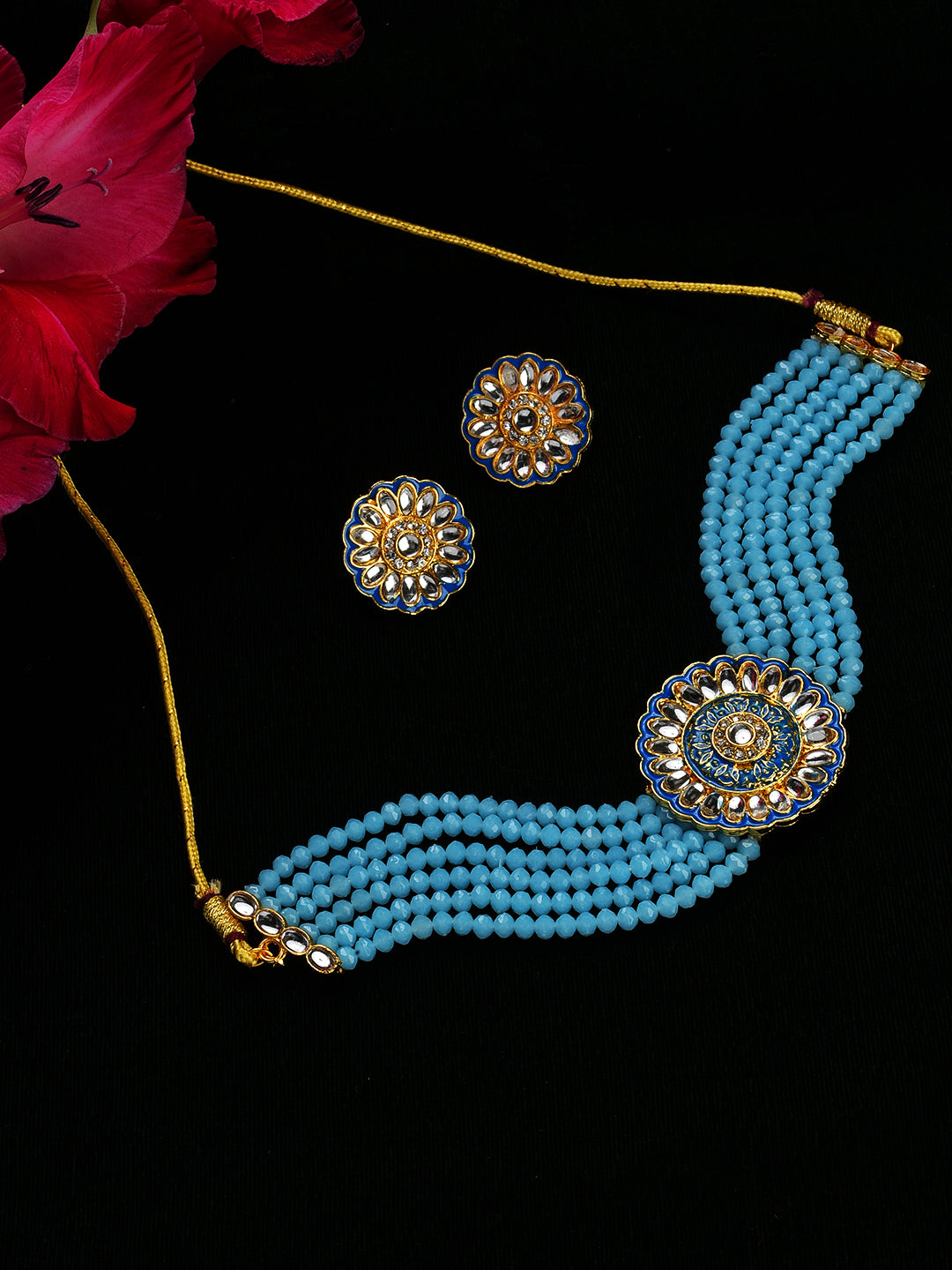 Gold-Plated White & Blue Kundan-Studded & Beaded Meenakari Jewellery Set - Jazzandsizzle