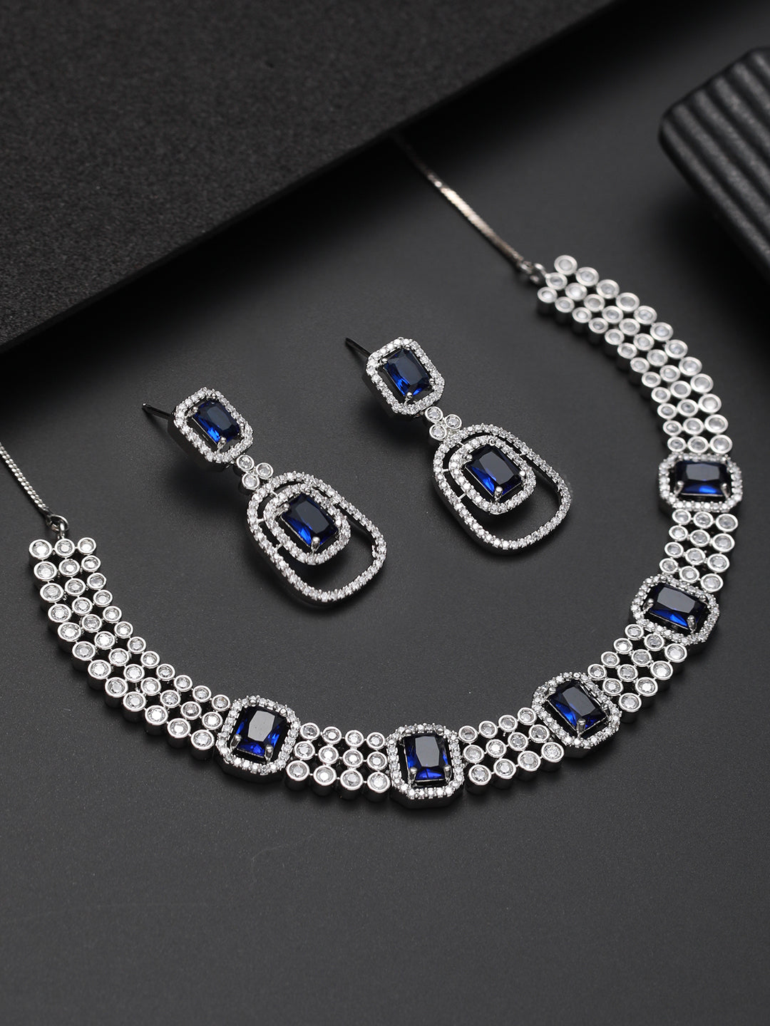 Silver Plated Blue American Diamond Studded Handcrafted Jewellery Set - Jazzandsizzle