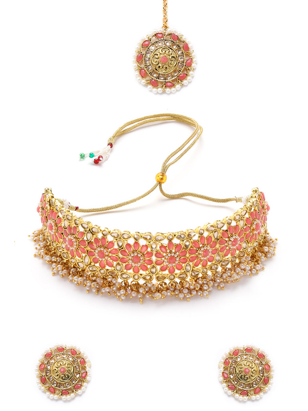 Pink Pearls Beads Kundan Stones Gold Plated Choker Set with MaangTikka - Jazzandsizzle