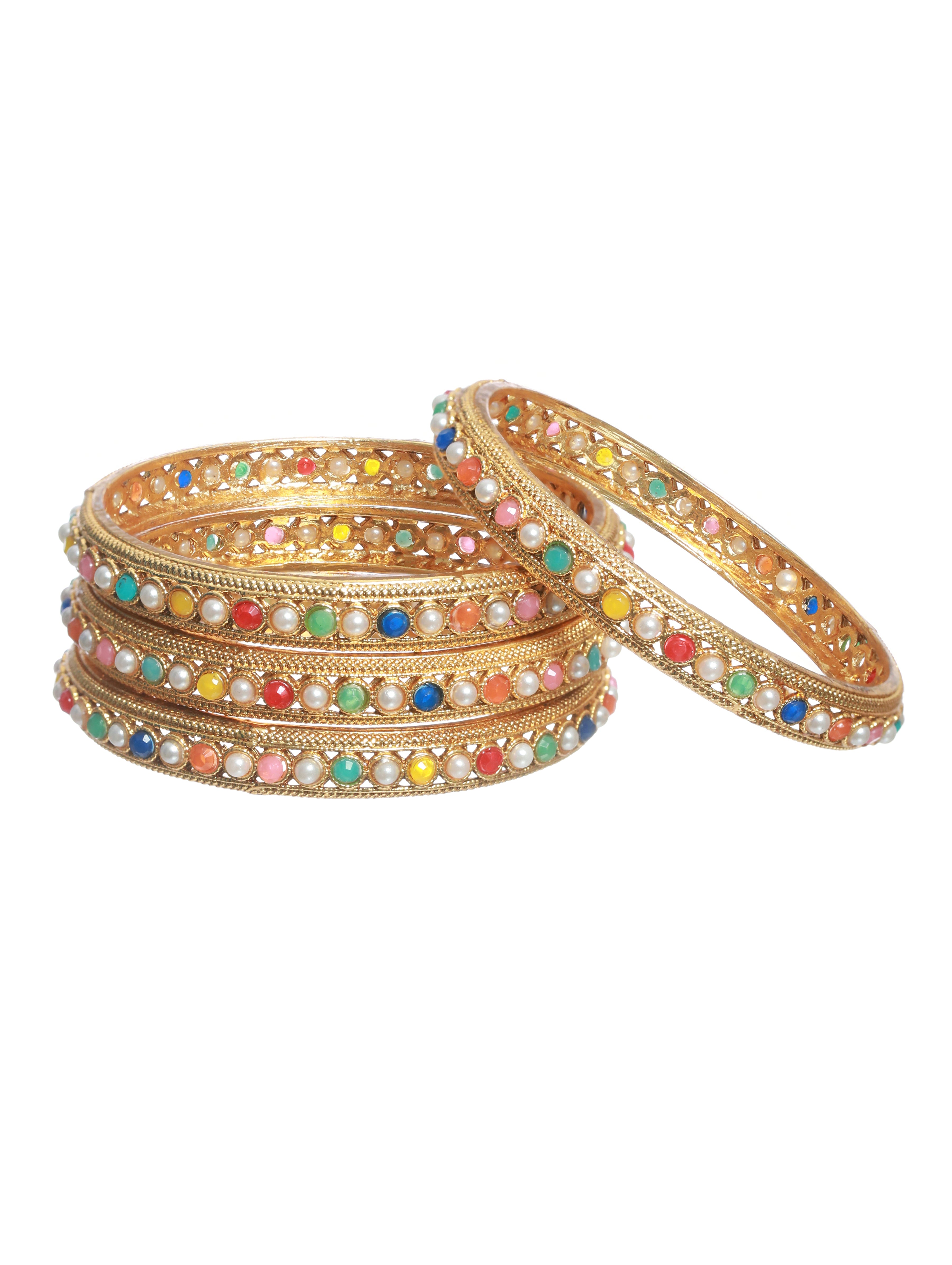 Set of 4 Multi Colored Stones Gold Plated Bangles - Jazzandsizzle
