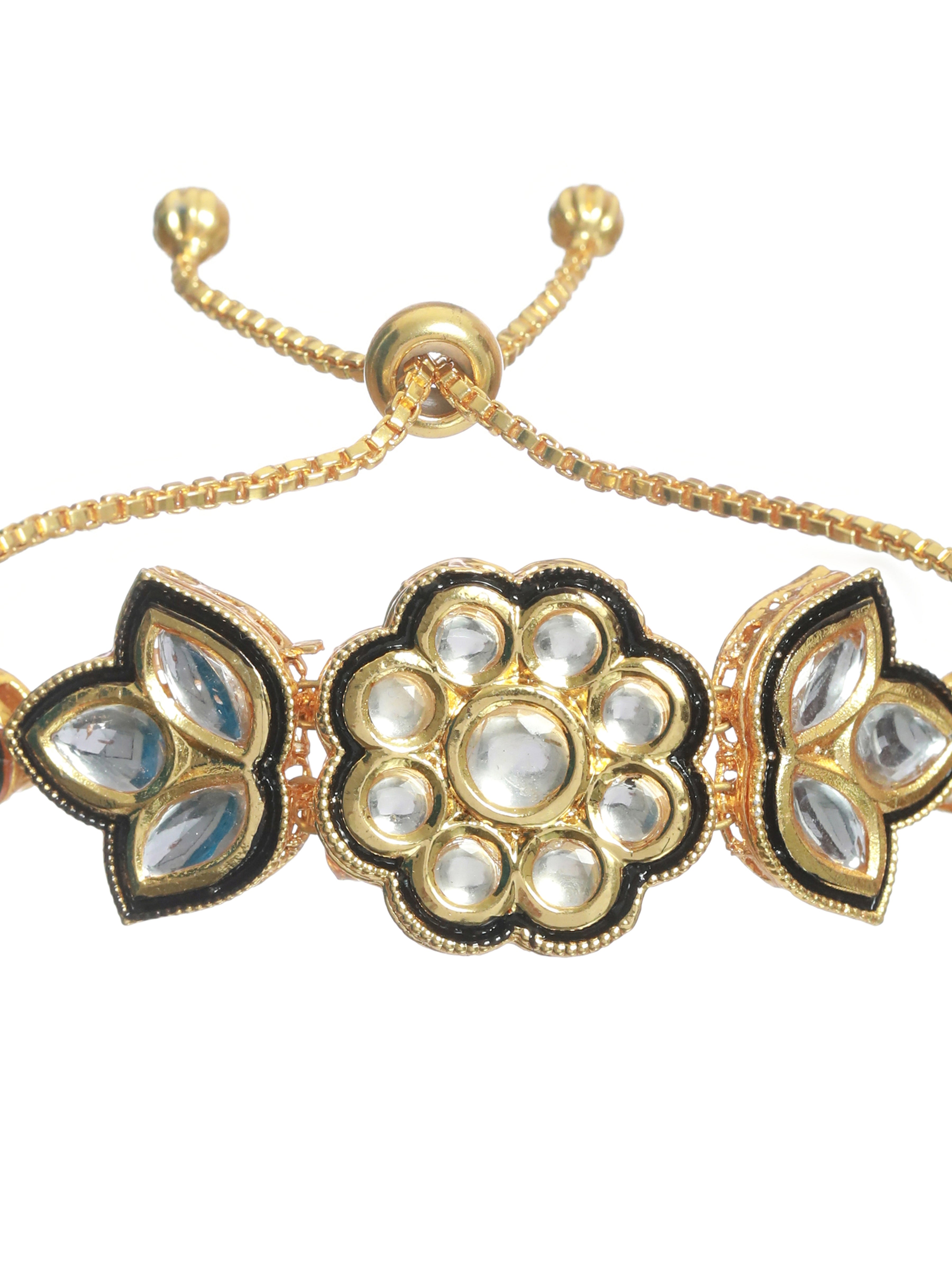 Gold Plated Kundan studded ,Floral Pattern Black Adjustable Bracelet - Jazzandsizzle