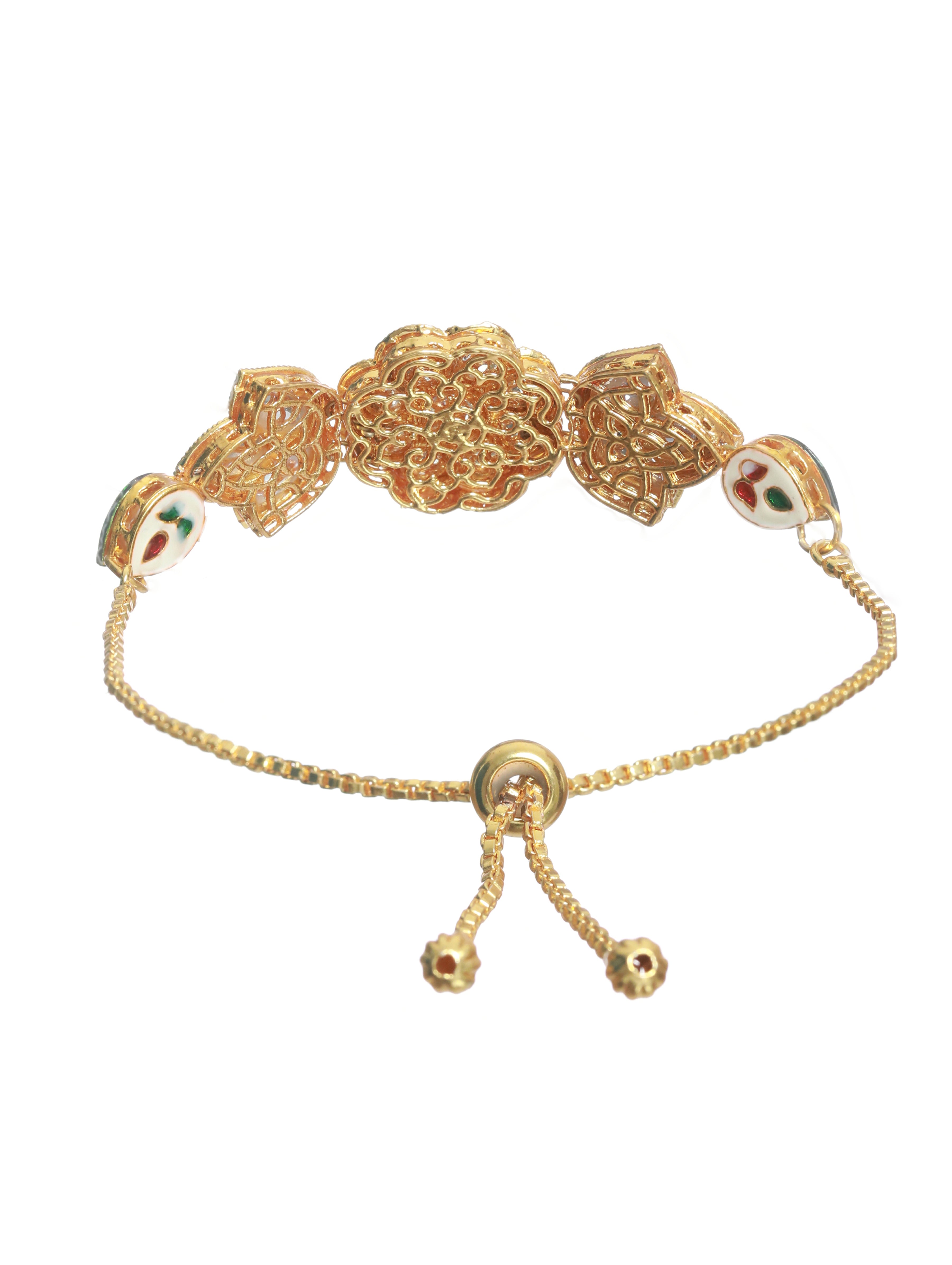Gold Plated Kundan studded ,Floral Pattern Black Adjustable Bracelet - Jazzandsizzle