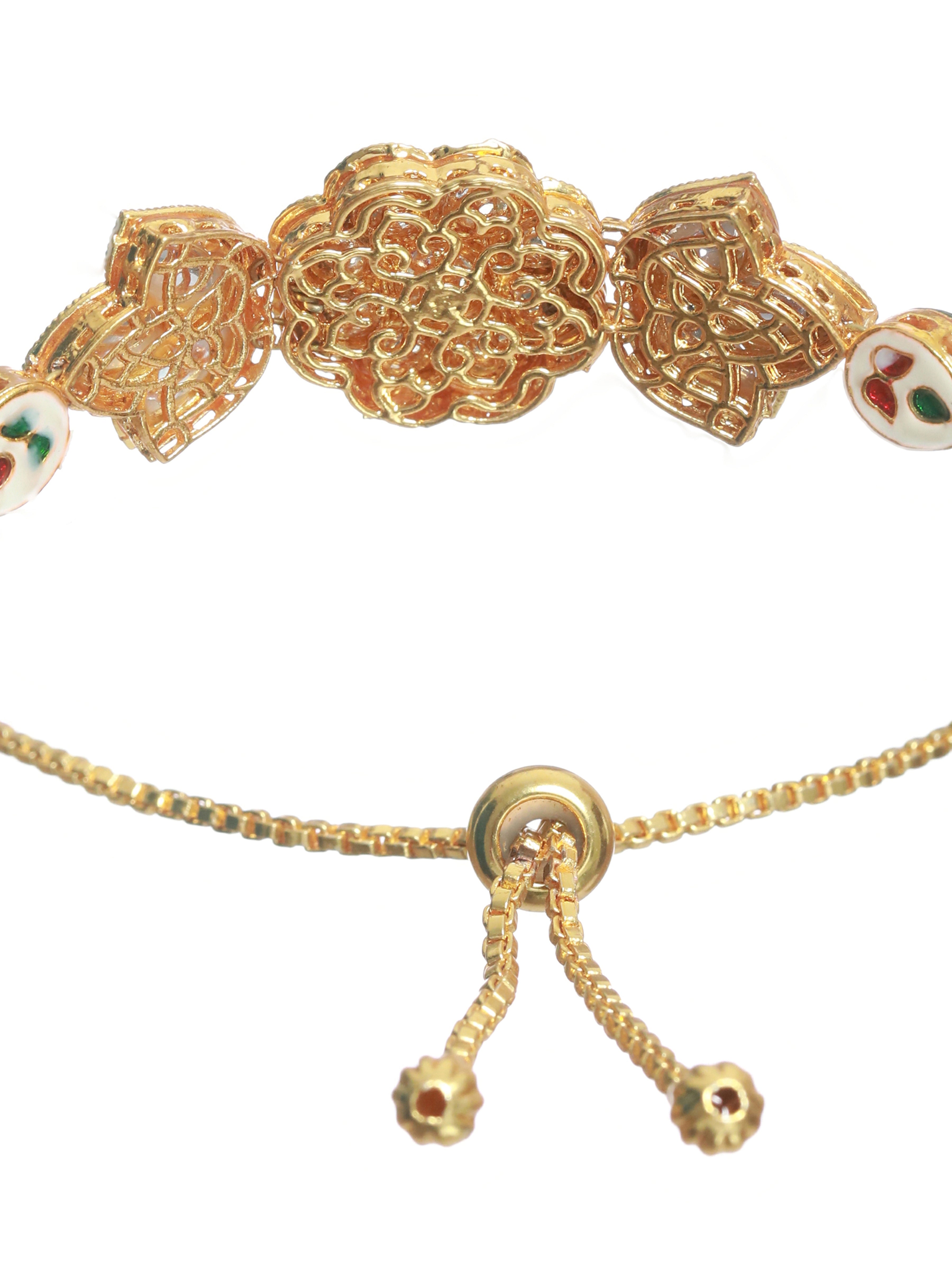 Gold Plated Kundan studded ,Floral Pattern Black Adjustable Bracelet - Jazzandsizzle