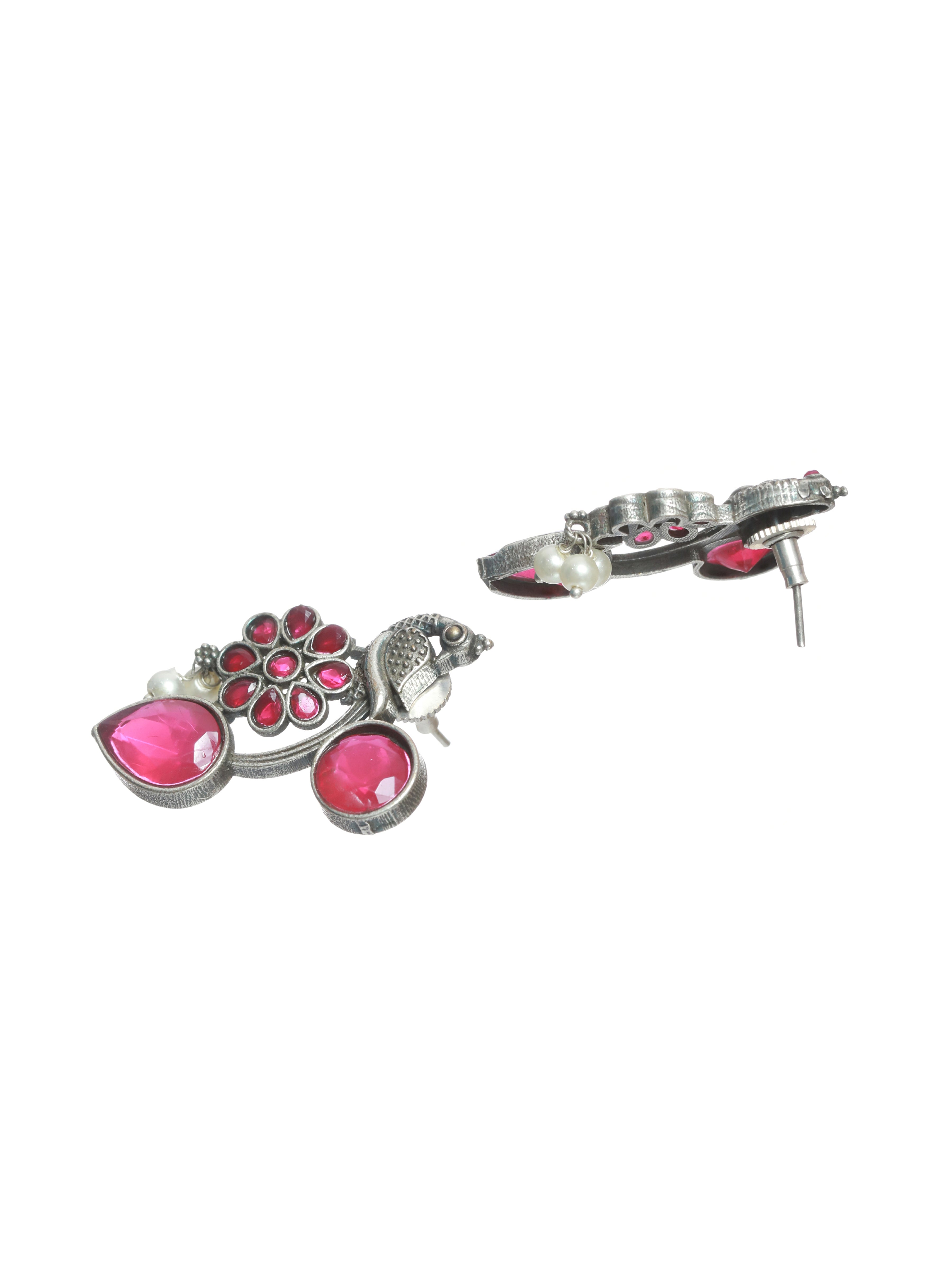 Silver Toned Oxidised-Pink stone studded Contemporary Peacock Shaped Drop Earrings - Jazzandsizzle