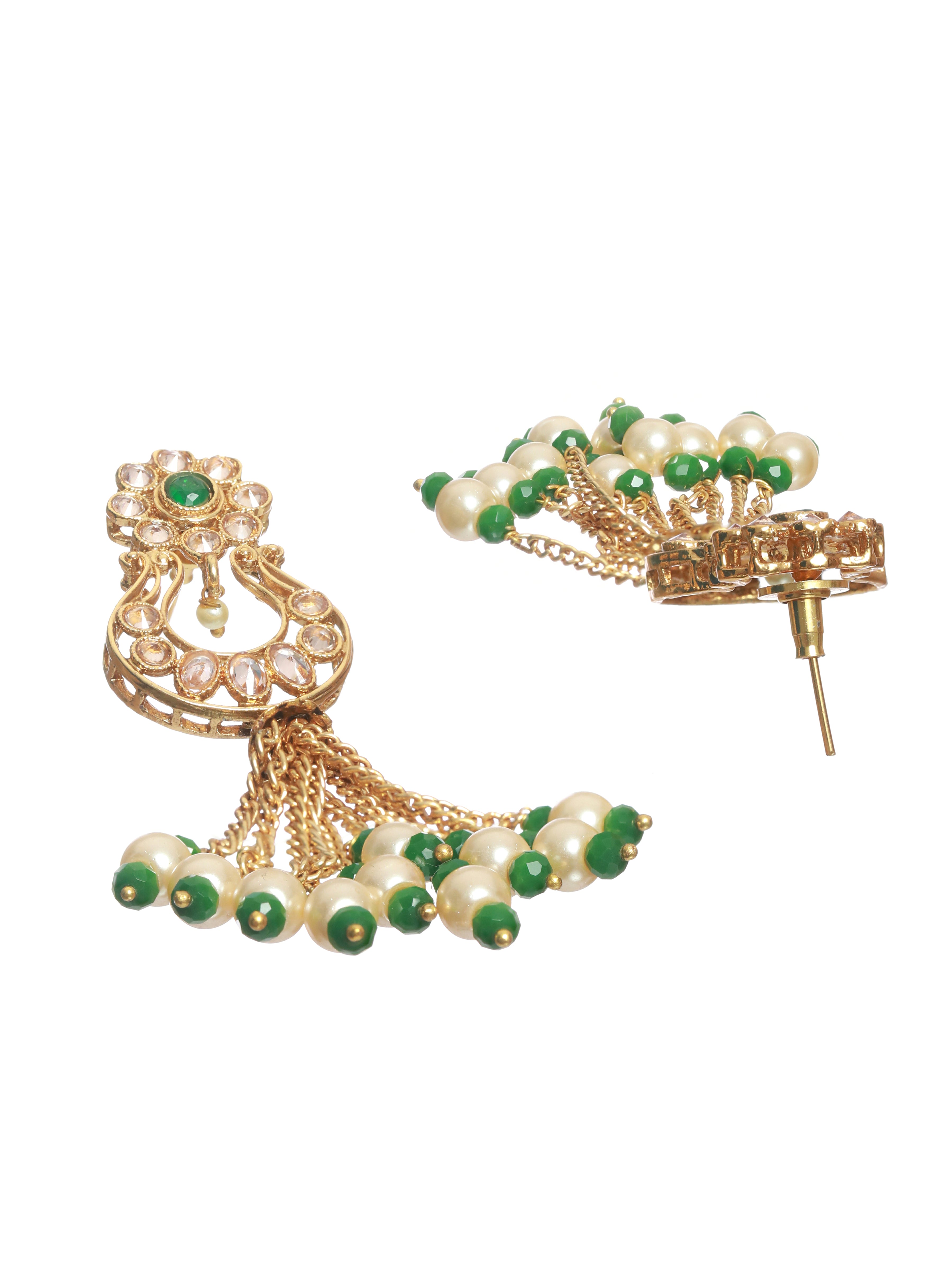 White & Green Classic Beads & Kundan Studed,Gold Plated Chandbali Earrings - Jazzandsizzle
